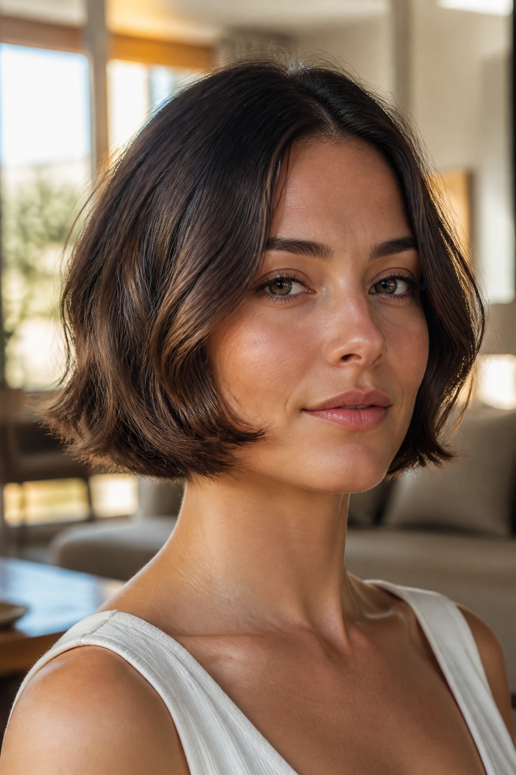 Close-up of a real woman with a soft box bob and tucked ends