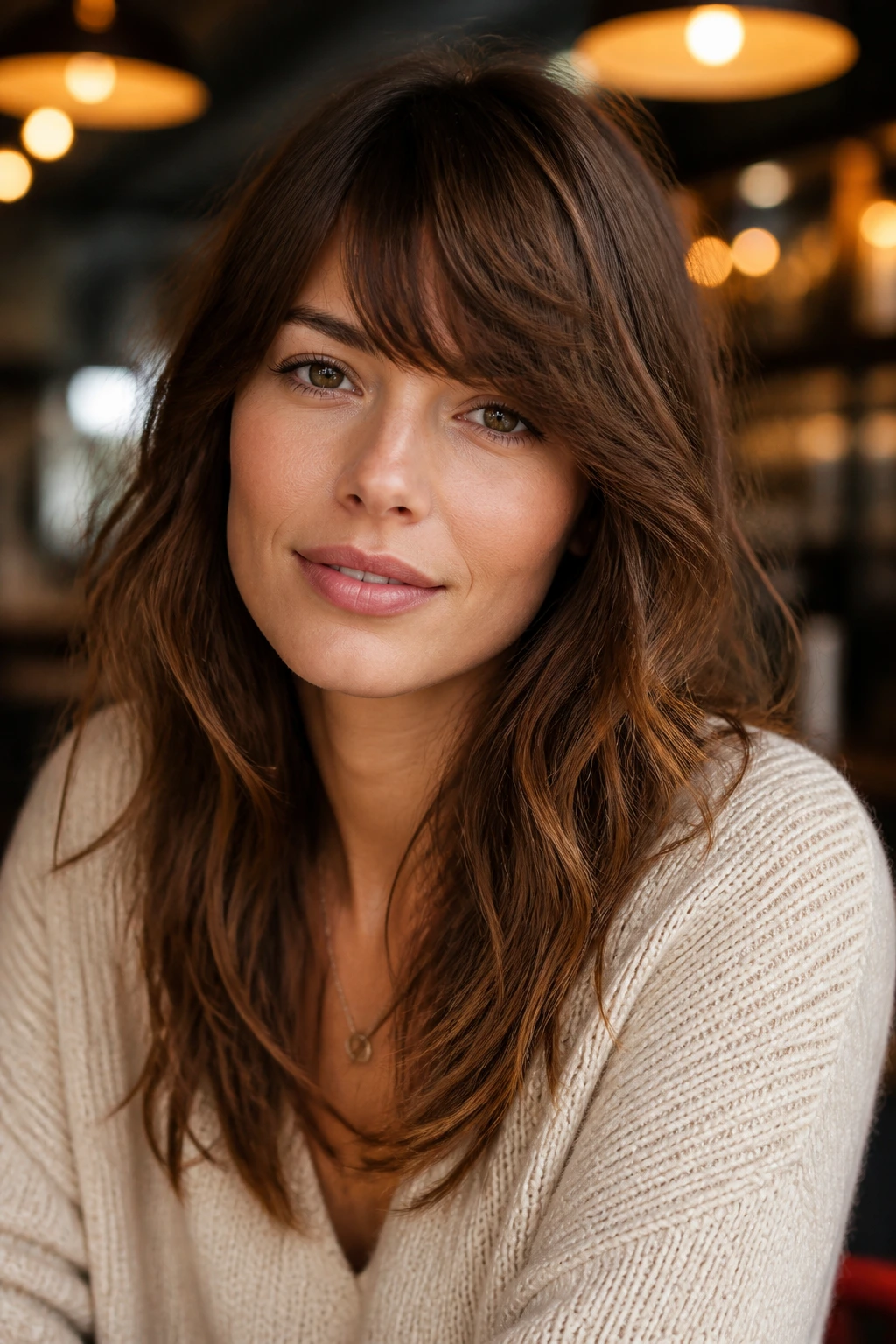 Close-up of a real woman with a softly asymmetrical fringe on wavy hair