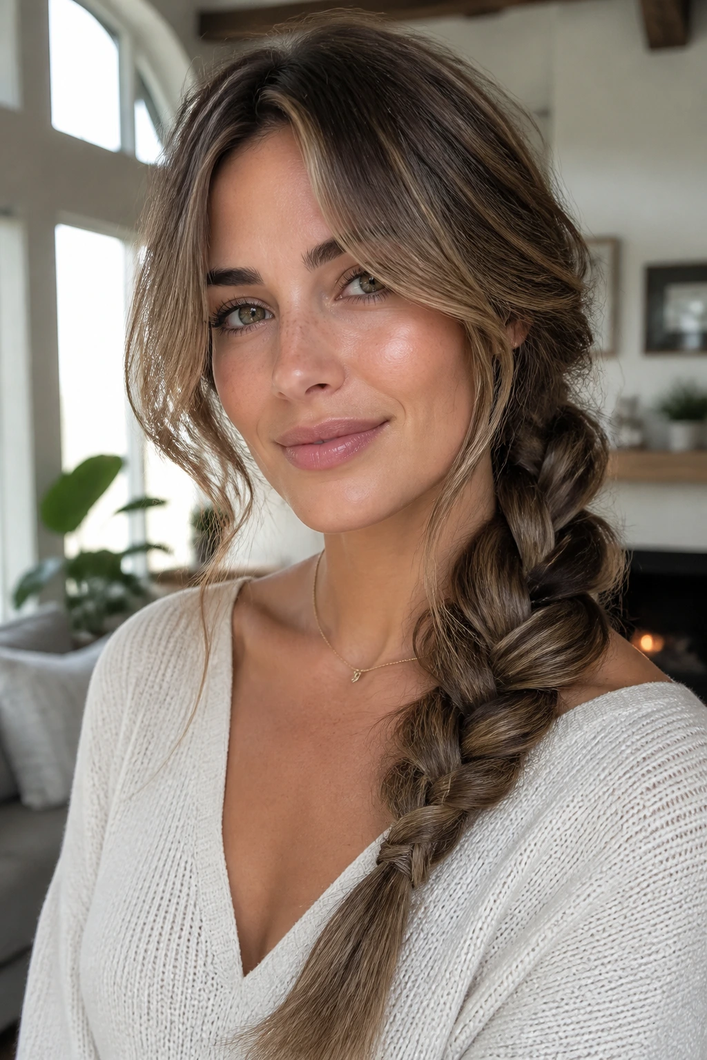 Close-up portrait of a real woman wearing a soft side braid with pancaked layers.