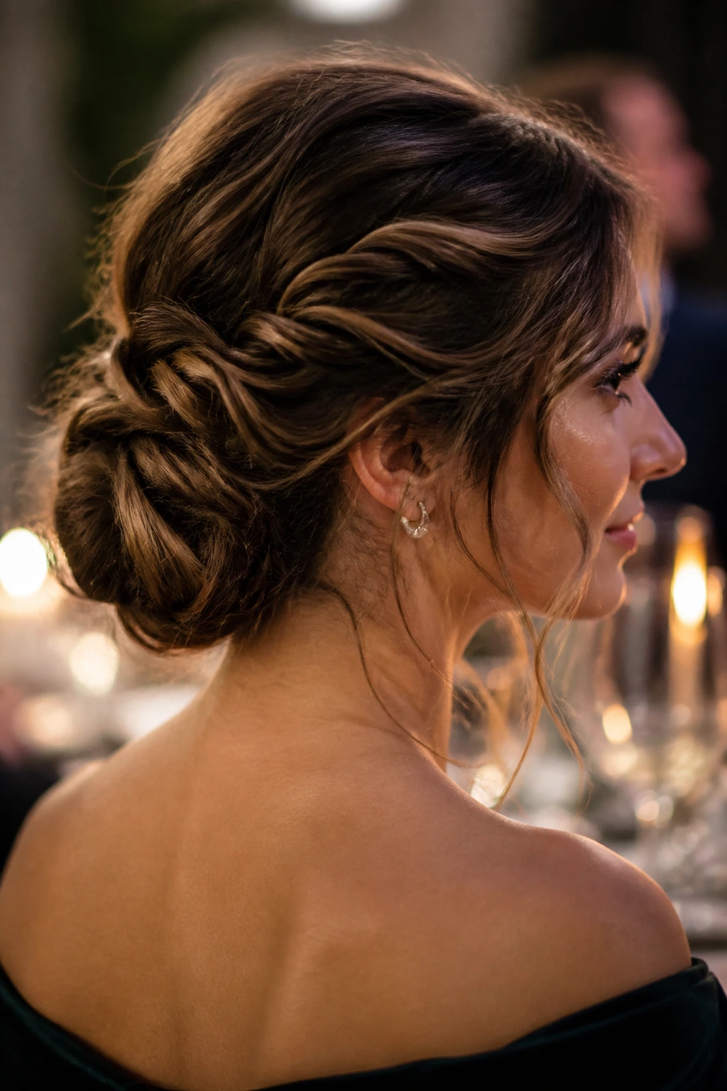 Woman with a soft braided chignon at the nape of the neck.