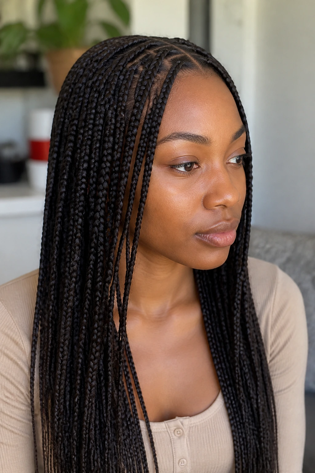 Real person with light, smooth-looking braiding hair under soft light