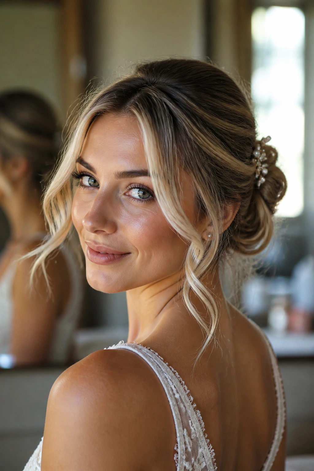 Close-up of a real woman with a soft bridal money-piece updo and pearl pin