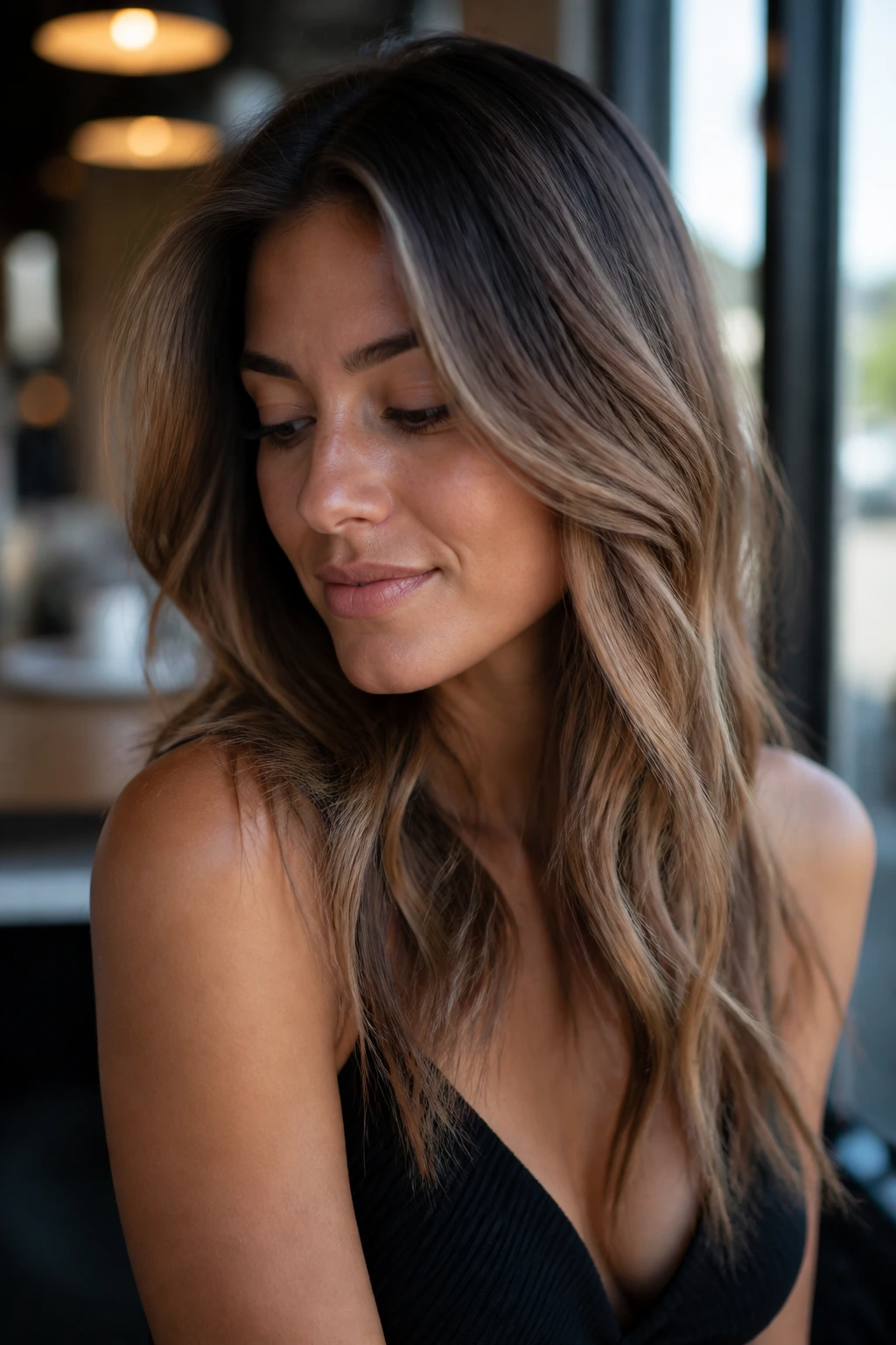 Close-up of a real woman with soft bronde balayage on brunette hair
