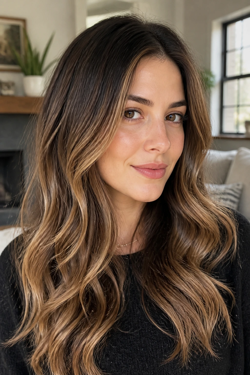 Real person with soft bronde caramel mix hair, brunette base with caramel beige accents