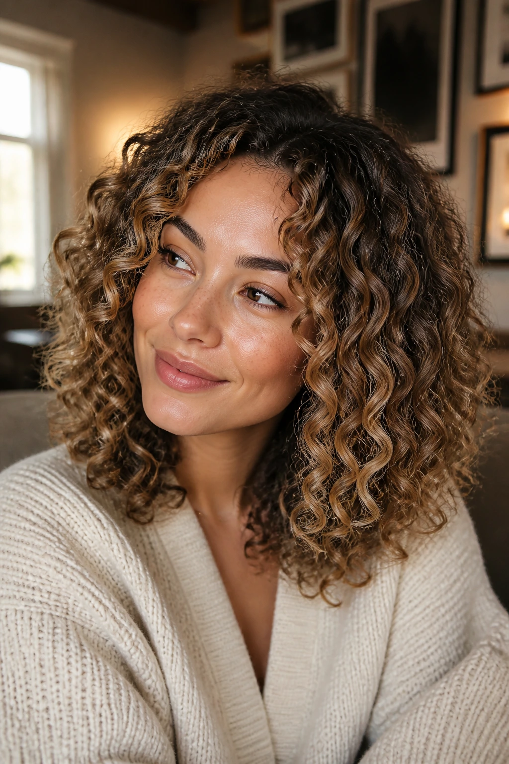 Portrait of a woman with soft bronde caramel melt on curly hair