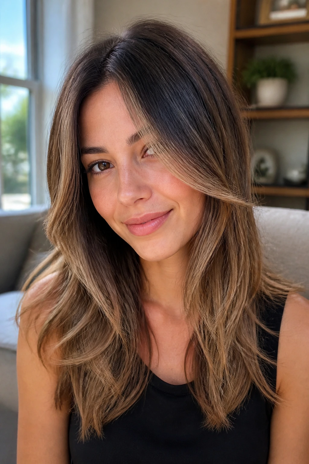Close-up of Soft Bronde hair on a real person with restrained lightening and face-framing