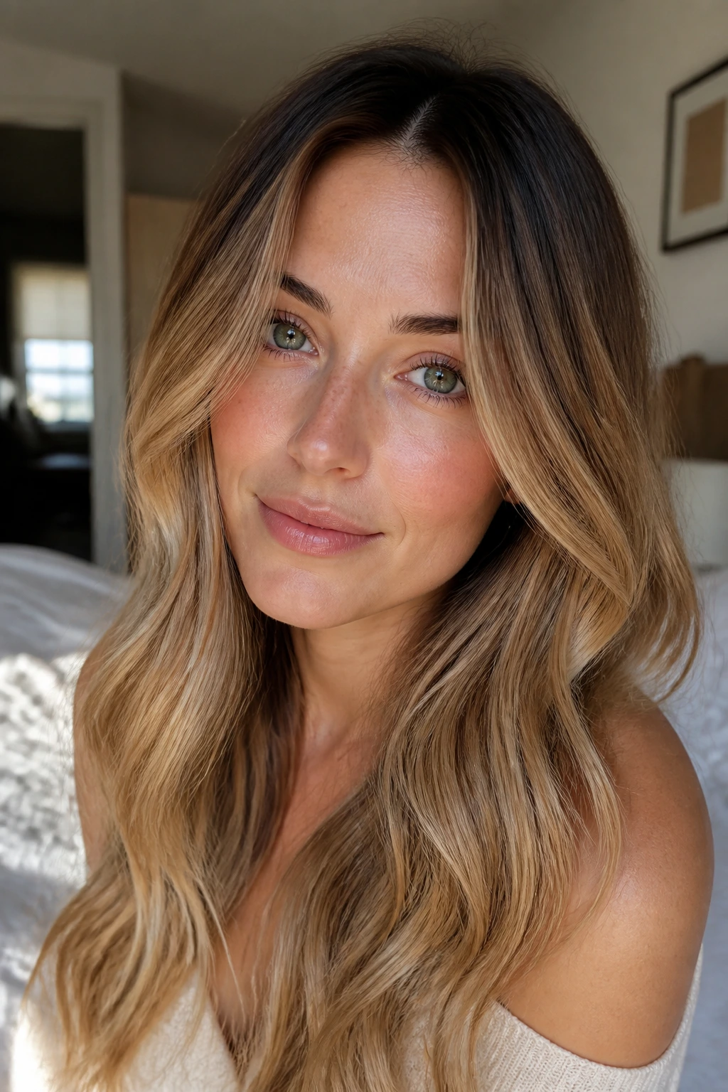Close-up portrait of a real woman with soft bronde hair blending brunette and blonde tones