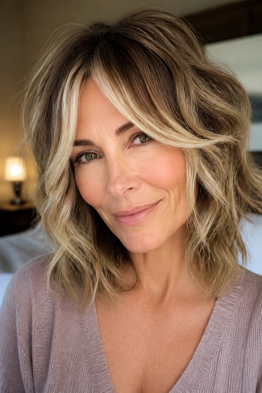 Close-up of a real woman with a soft bronde shag and face-framing blonde pieces