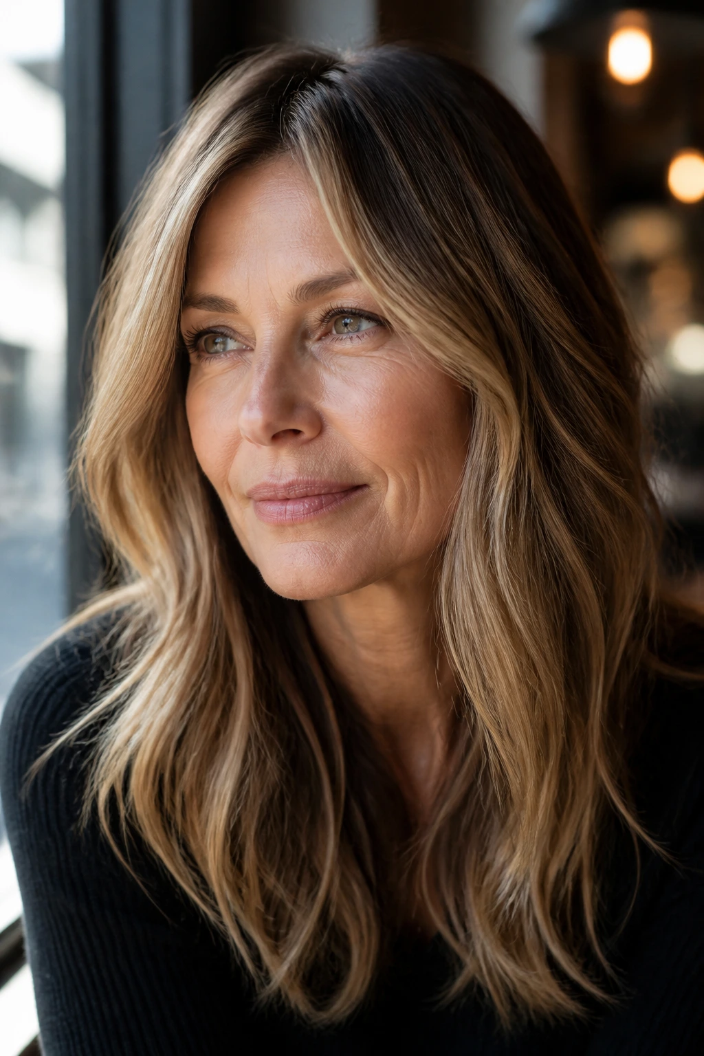Close-up portrait of a woman with bronde hair and seamless brown-to-blonde transition in natural light.