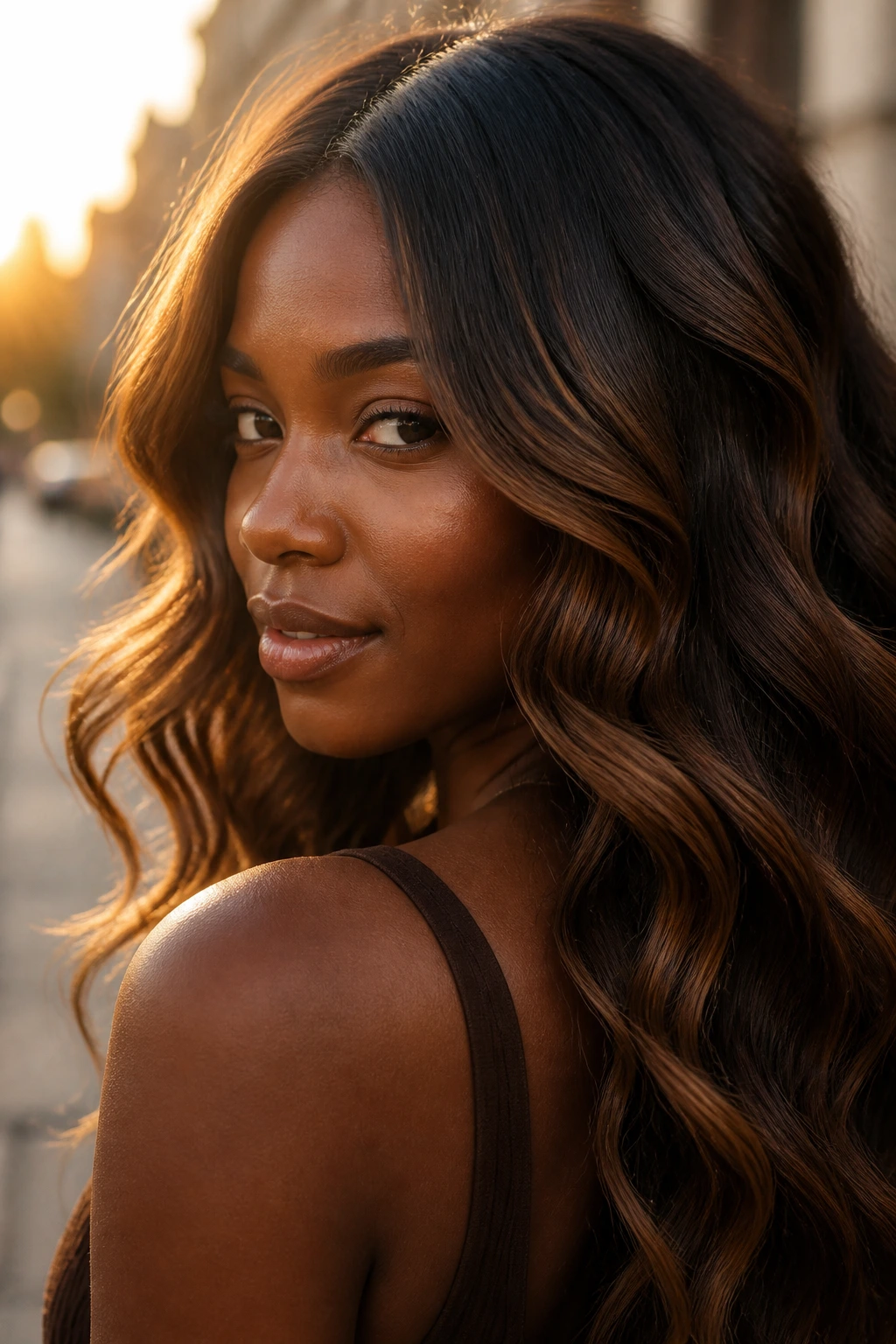 Close-up of bronze balayage on wavy hair in golden hour light