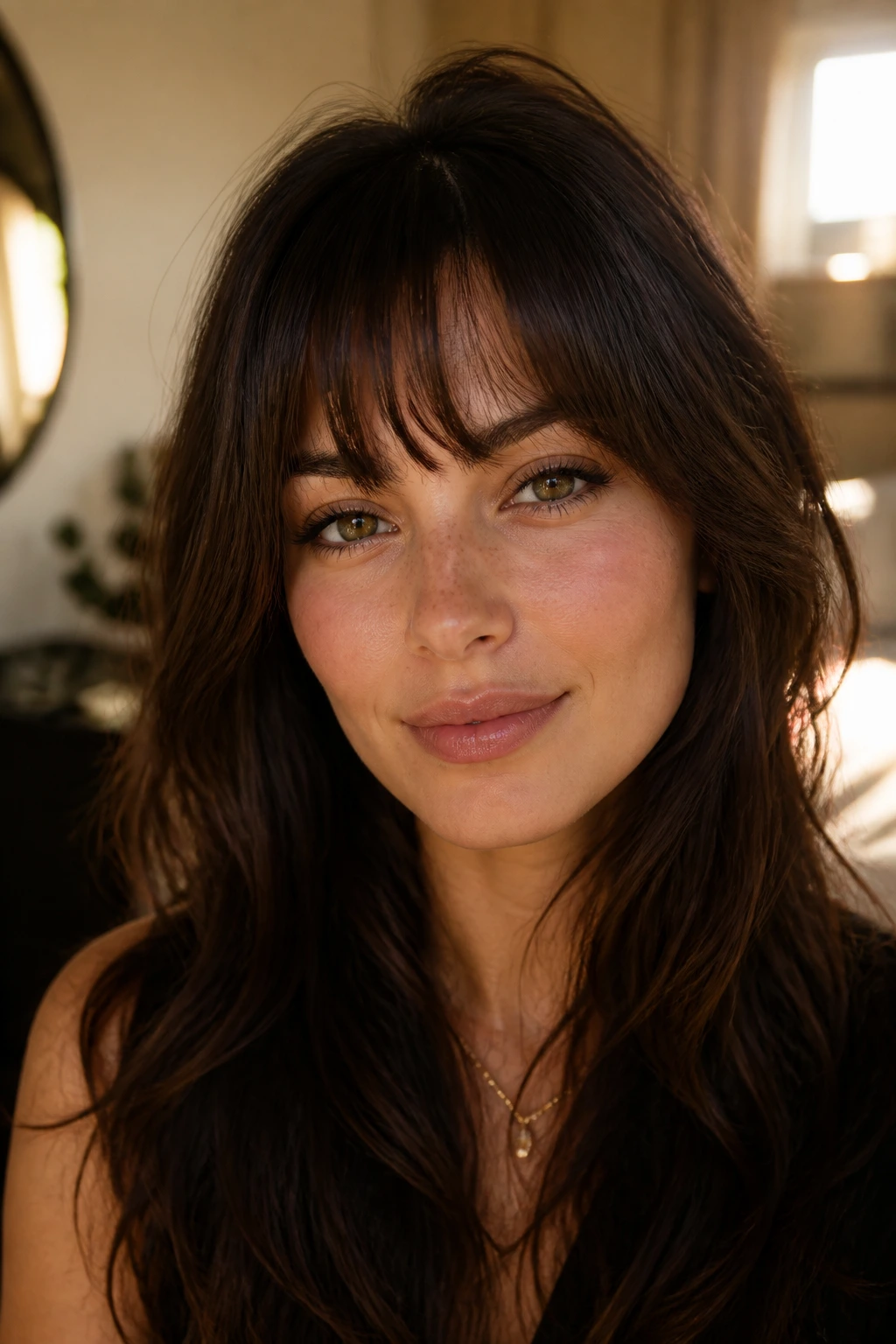 Close-up of a real woman with a soft fringe along the brow on a heart-shaped face