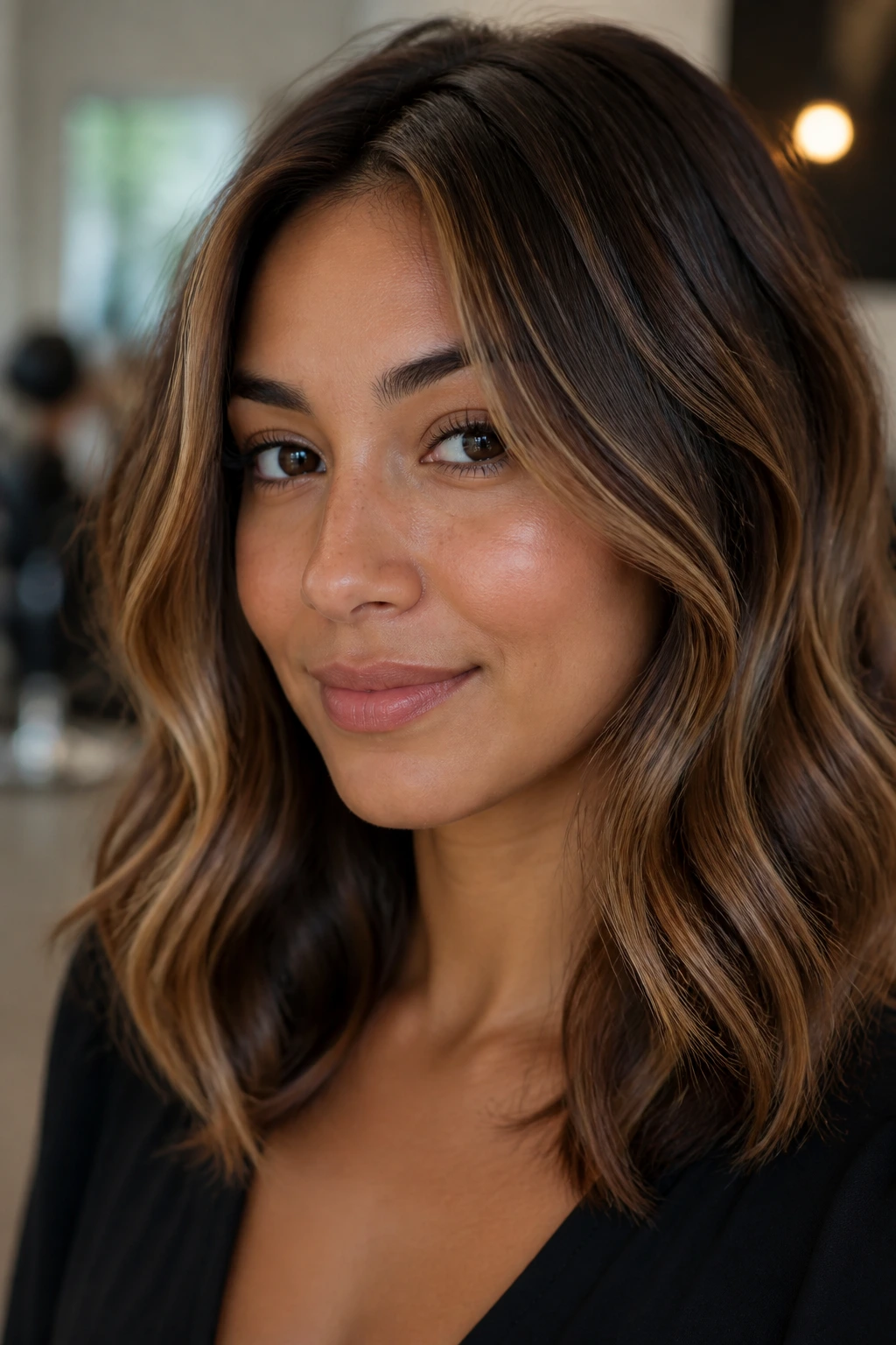 Close-up portrait of a real woman with an oval face and soft brown babylights showing dimensional hair