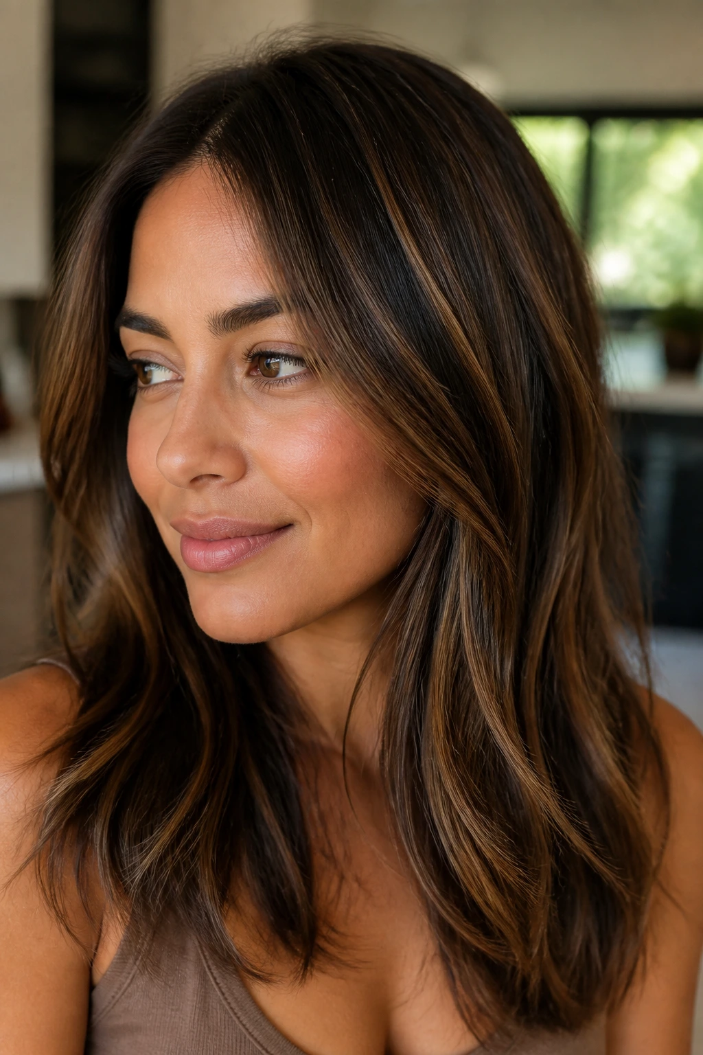 Real person with softly lit brown highlights for natural brightness