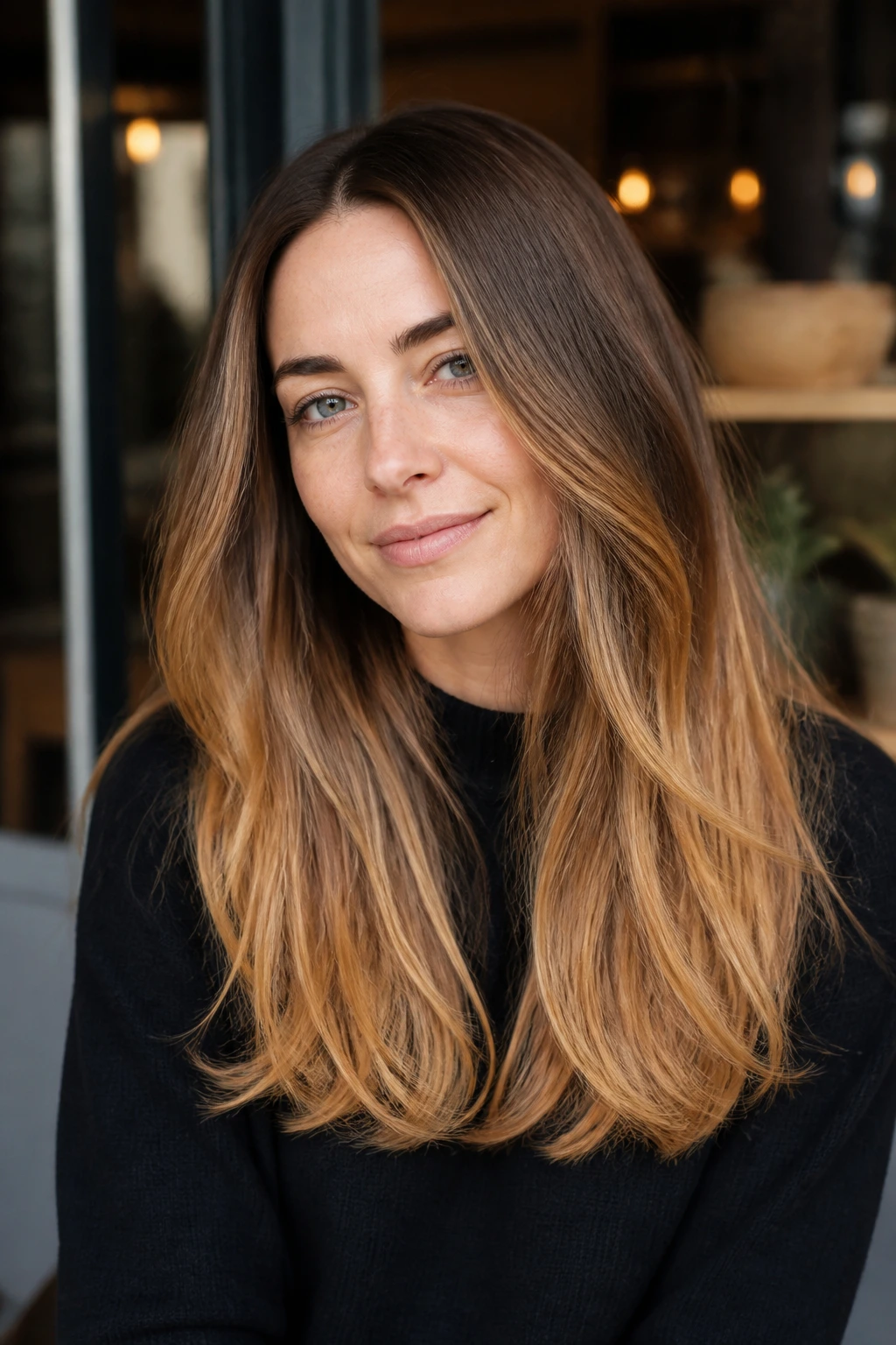 Portrait of a real woman with soft brown to butter caramel ombré in long hair, gentle gradient