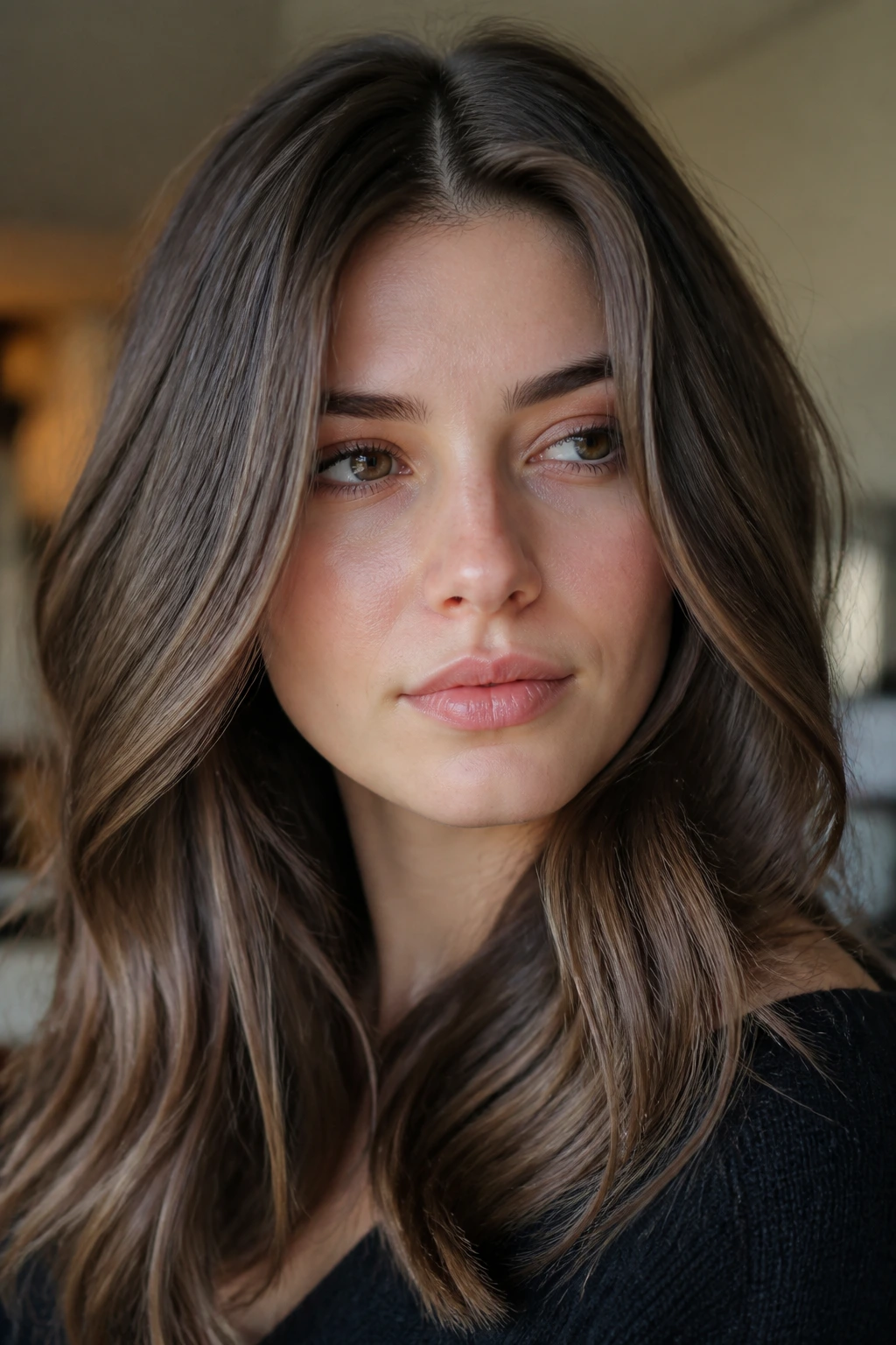 Close-up portrait of soft brunette lowlights around the face in warm light.