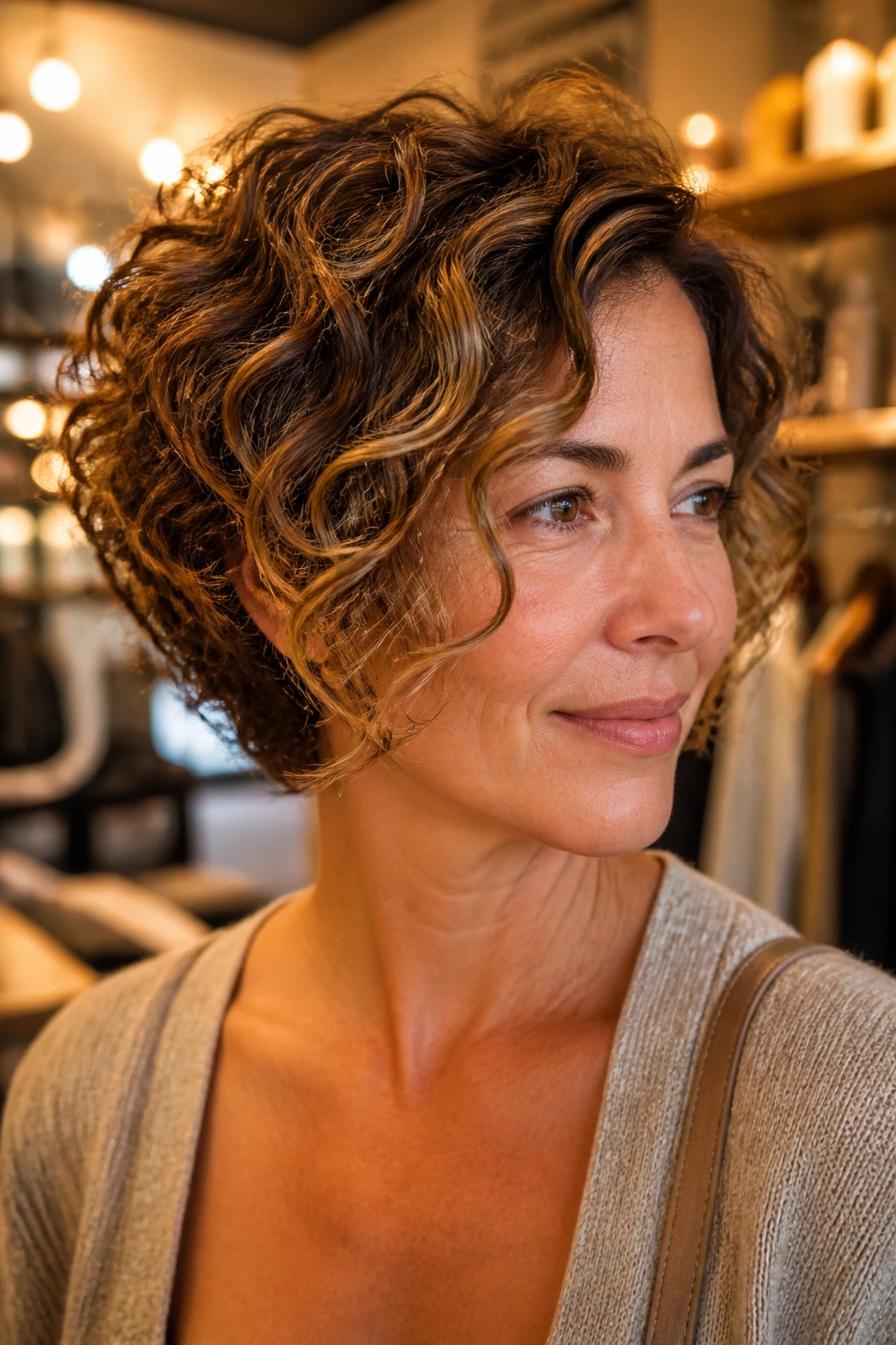 Close-up of a real woman with soft brunette base and honey babylights around face