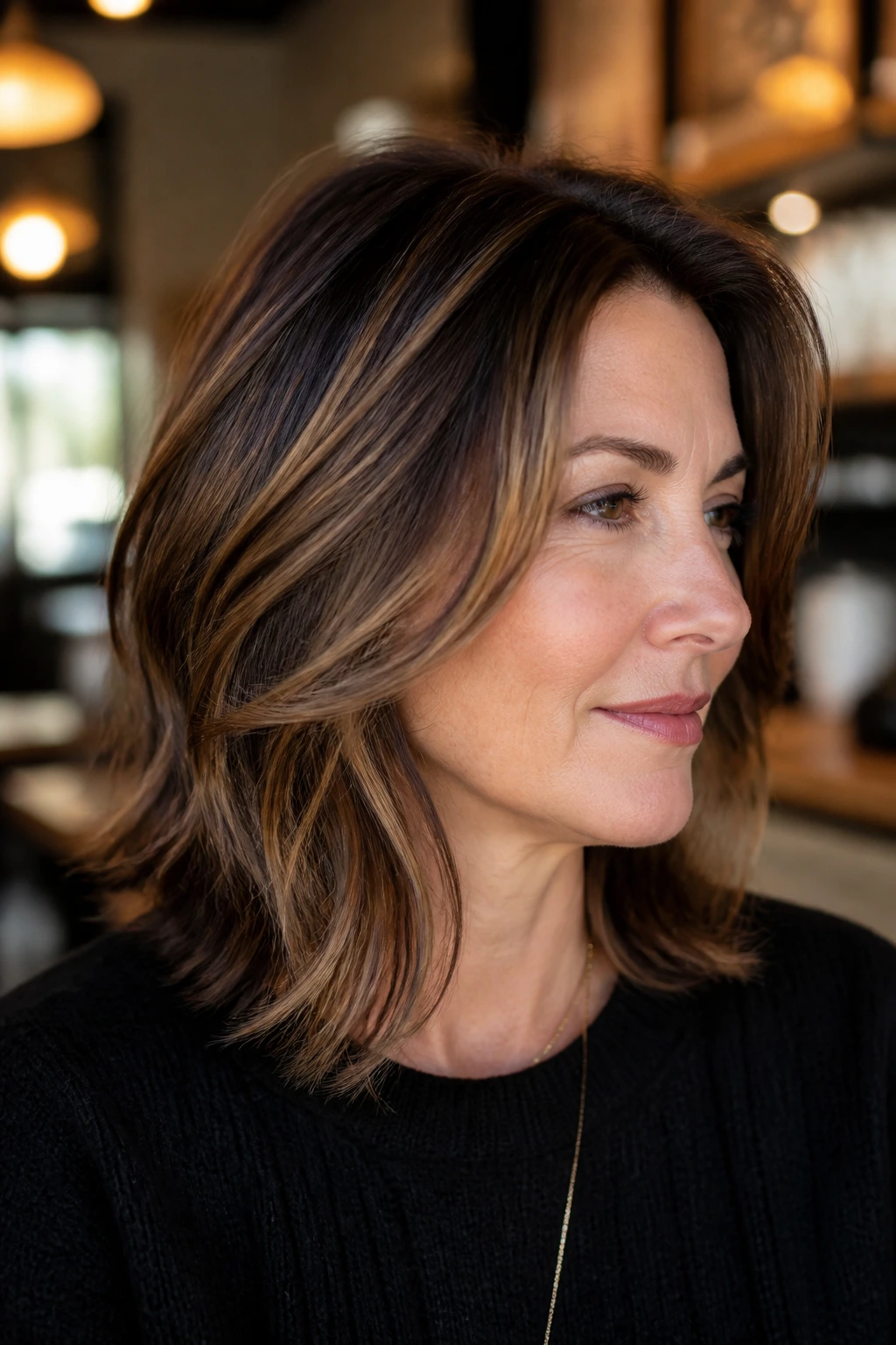 Close-up portrait of a real woman with soft brunette contour highlights around the face.