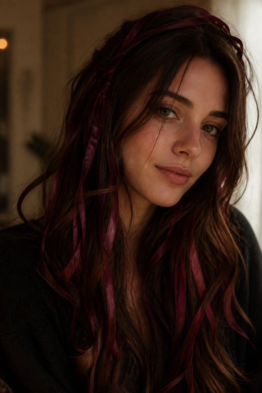 Close-up portrait of a real woman with soft burgundy ribbons in brunette hair under warm indoor light