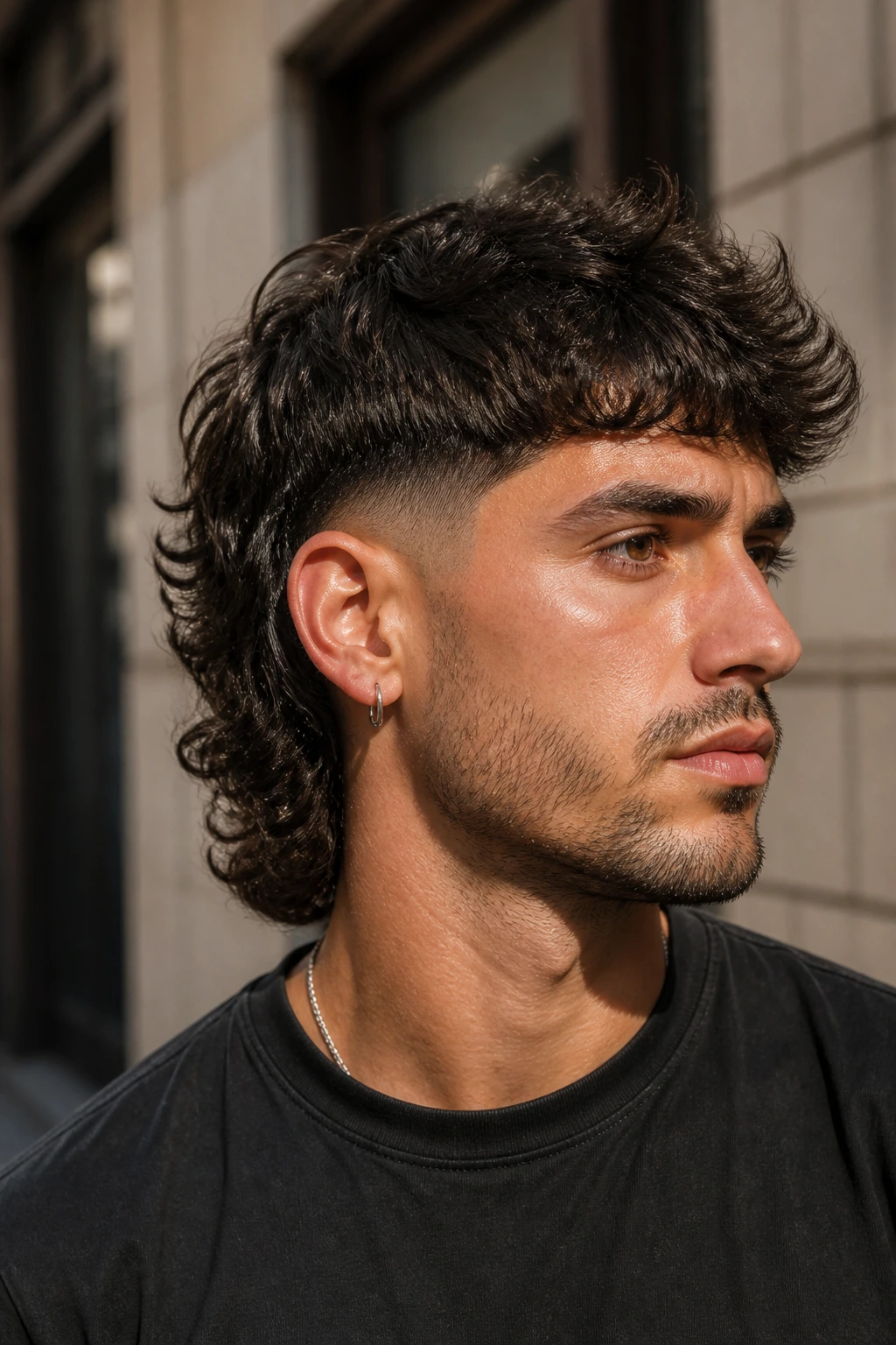 Close-up of a man with soft burst fade and wavy ends, back length 2–3 inches