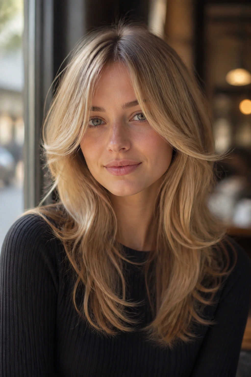 Portrait showing soft butterfly shape with cheekbone-to-lip layers and longer lower lengths