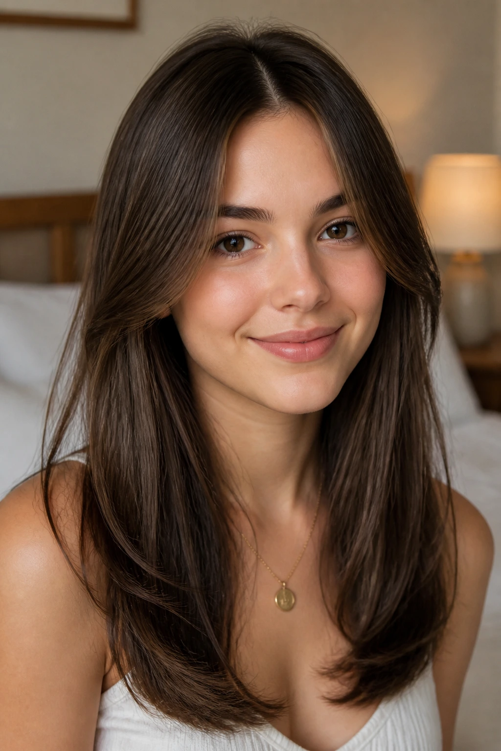 Close-up of a real woman with soft C-bend ends on straight hair.