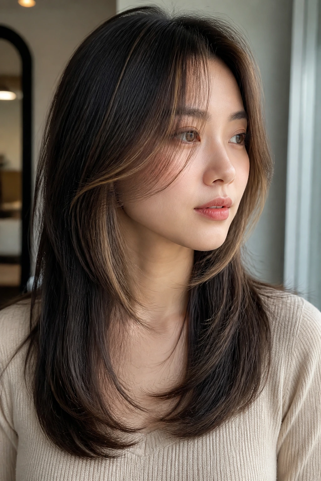Close-up of a real woman with a soft C-cut and narrow caramel veils framing the face