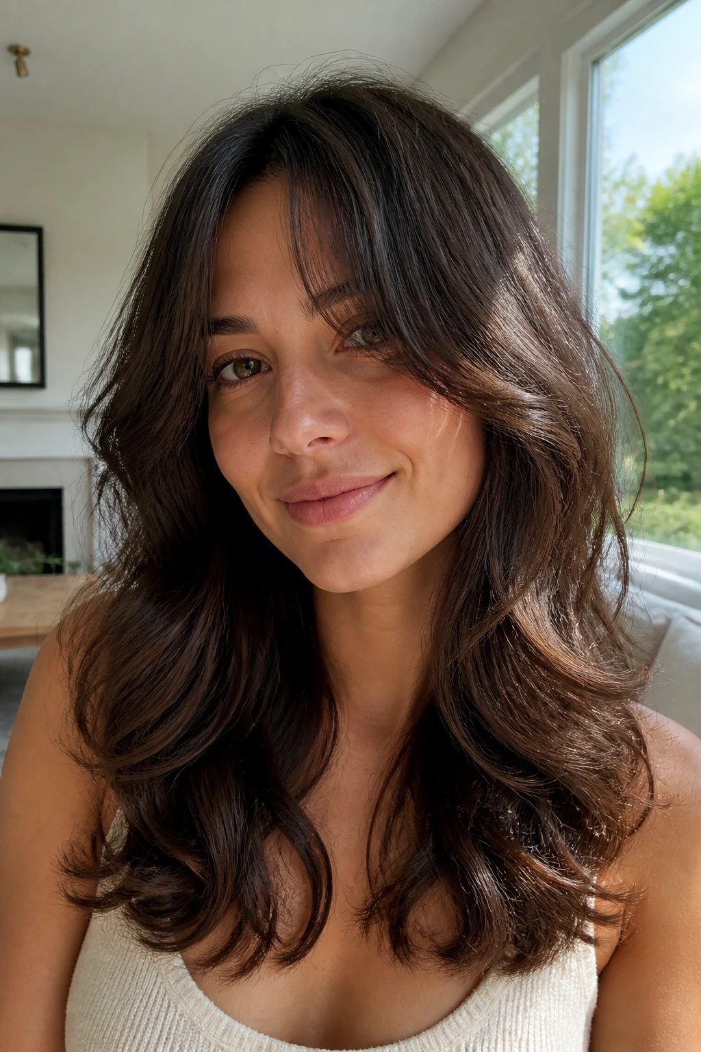 Close-up of a woman with soft C-cut and curtain bangs on wavy hair