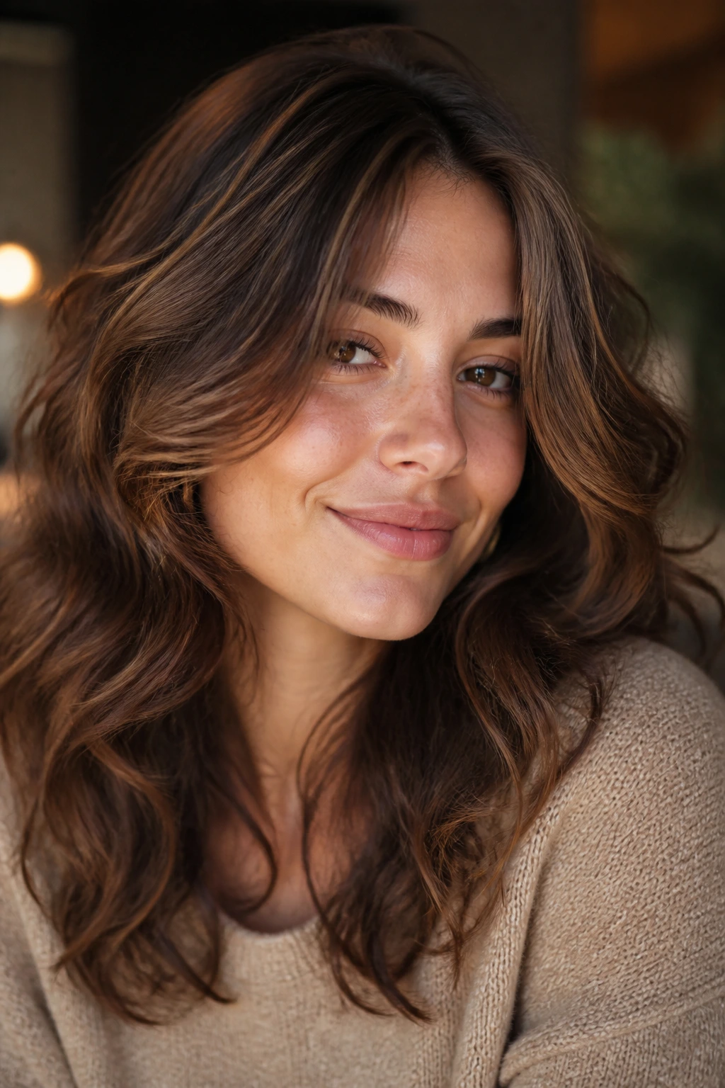 Front portrait of a real woman with soft C-cut face frame curling around the face