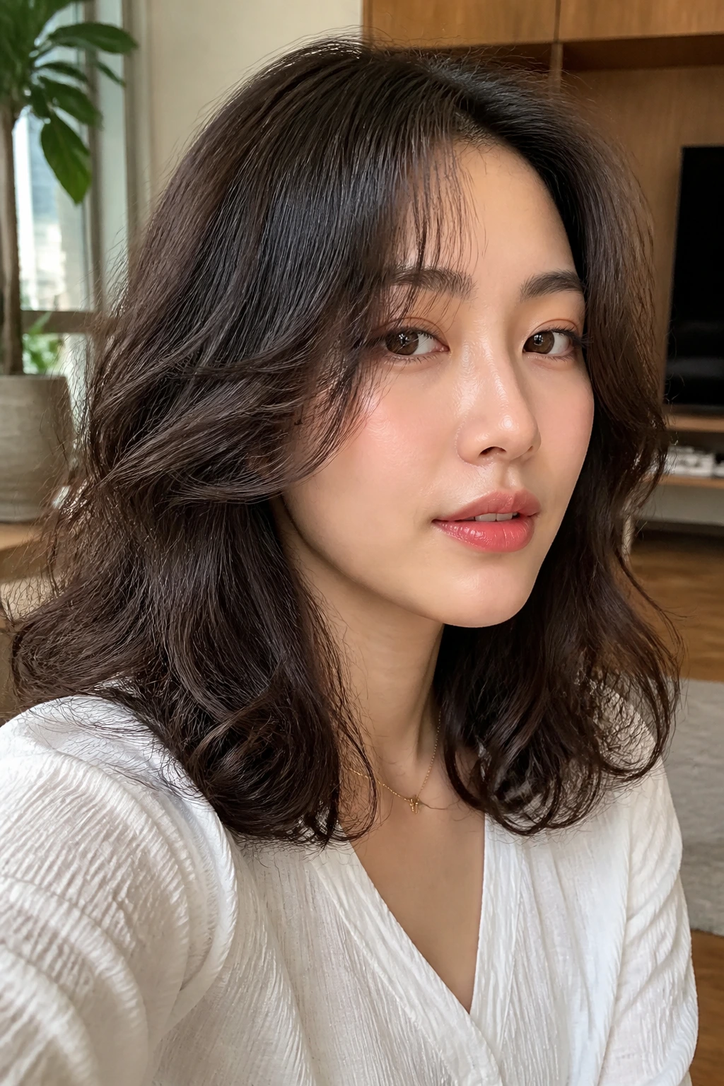 Portrait of a person with soft C-frame layers around the cheeks on curly hair