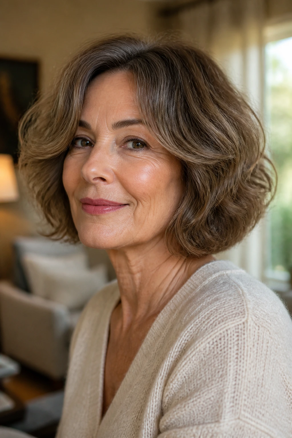 Close-up of a real woman with a soft C-Shape bob hugging the jawline in natural window light