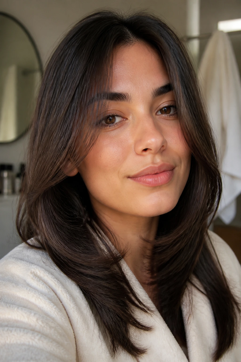 Close-up of a woman with soft C-shaped layers around the jawline in morning light