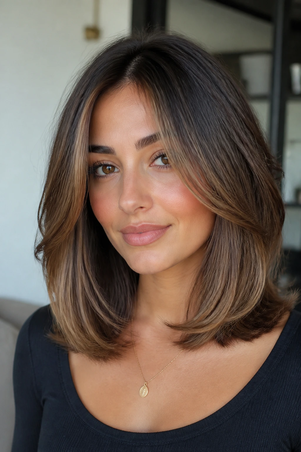 Portrait of a real woman with center-parted shoulder-length hair in soft C-shape layers