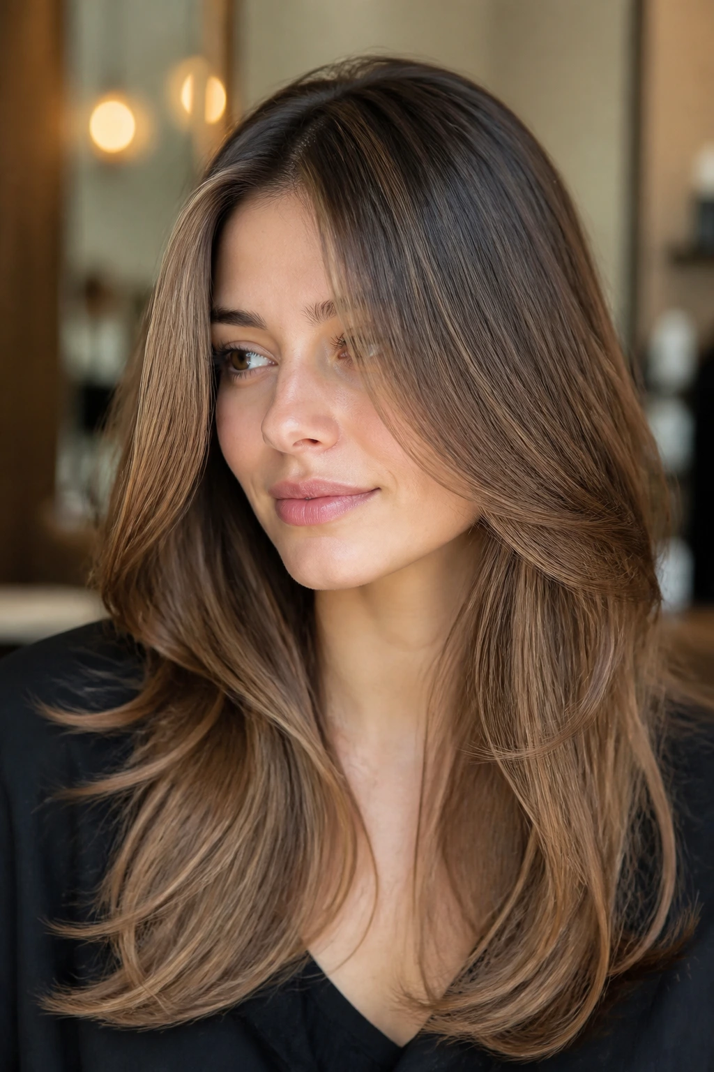 Close-up portrait showing soft C-shaped layering framing the face