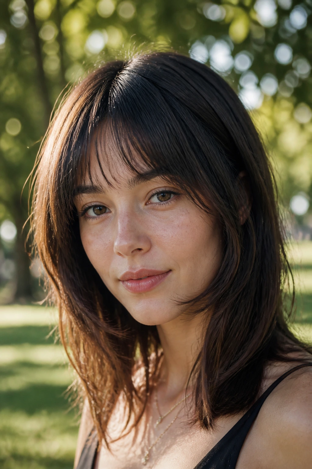 Close-up of real woman with soft C-shaped fringe in outdoor light