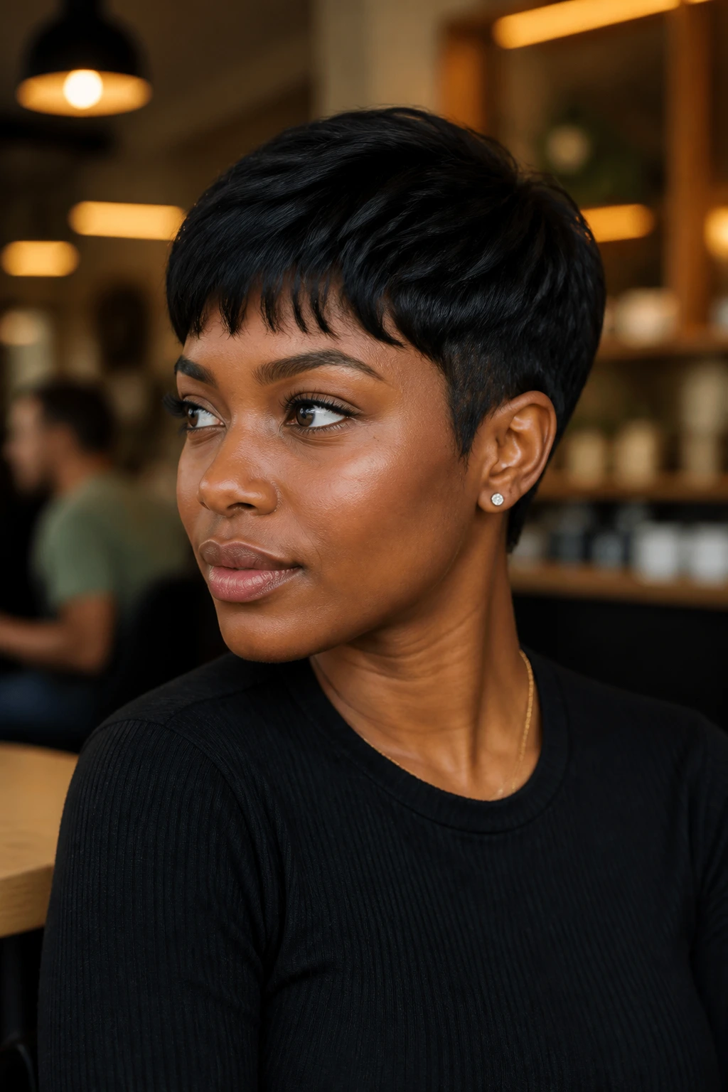Close-up portrait of a real person with a soft Caesar cut and forward fringe.