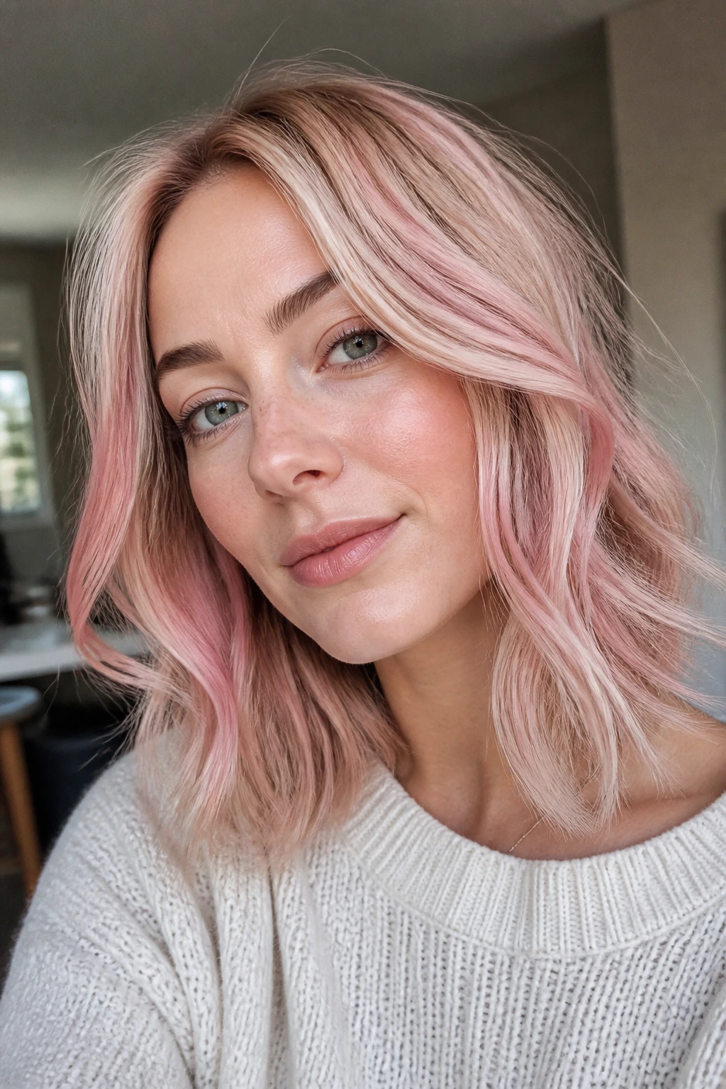 Close-up of a woman with delicate pale pink-white candy floss highlights in natural light.