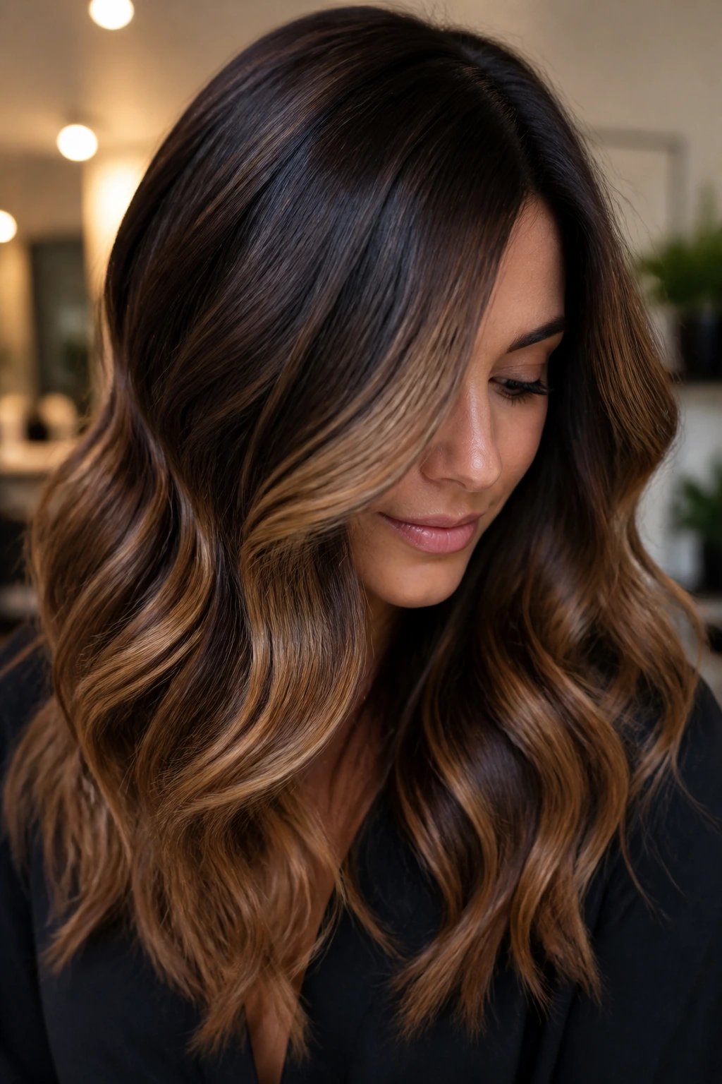 Brunette with soft caramel balayage on a deep brown base