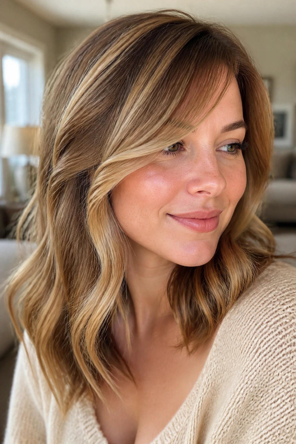 Portrait of a real person with soft caramel face-frame and side-swept bangs