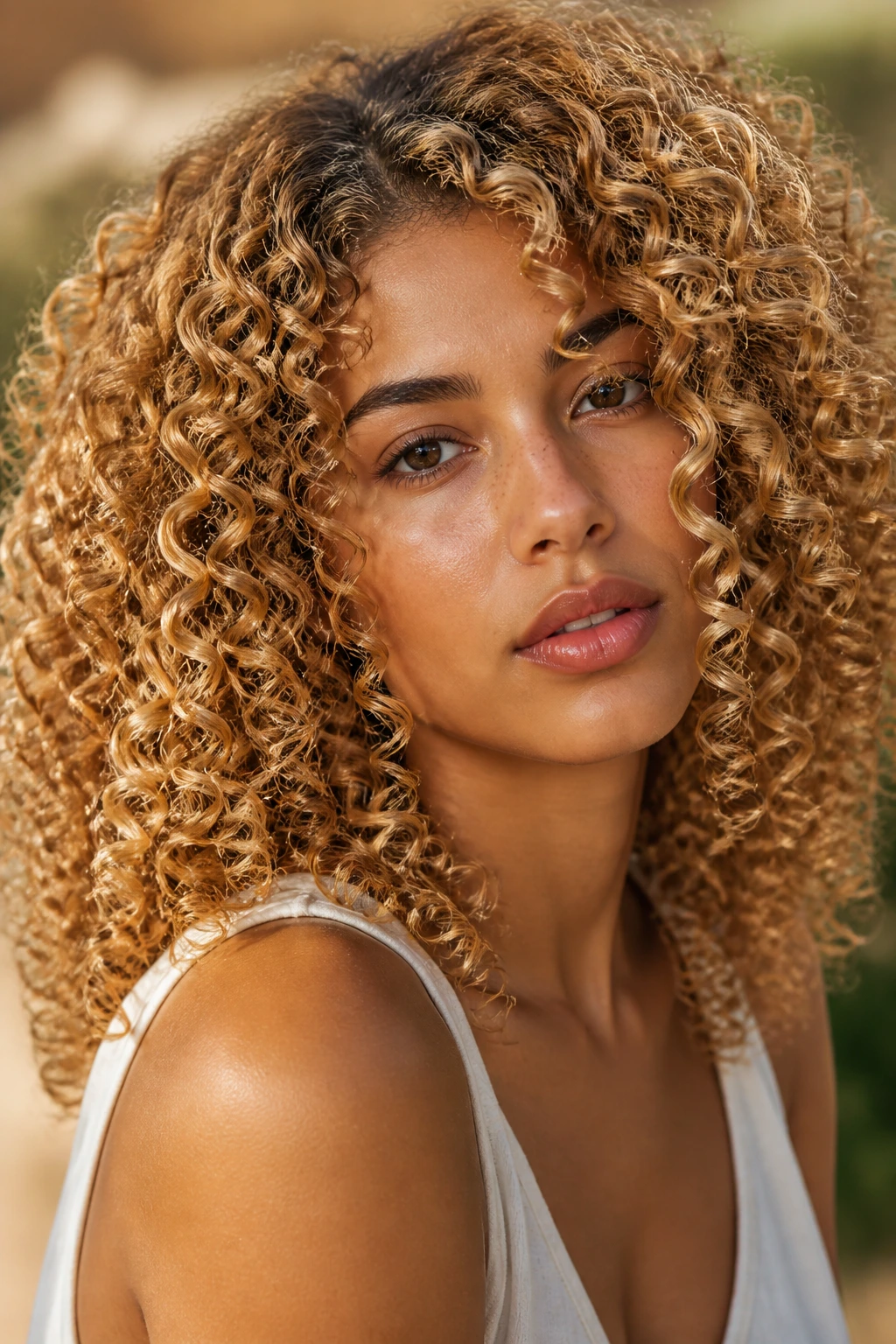 Close-up of a real person with soft caramel blonde coils