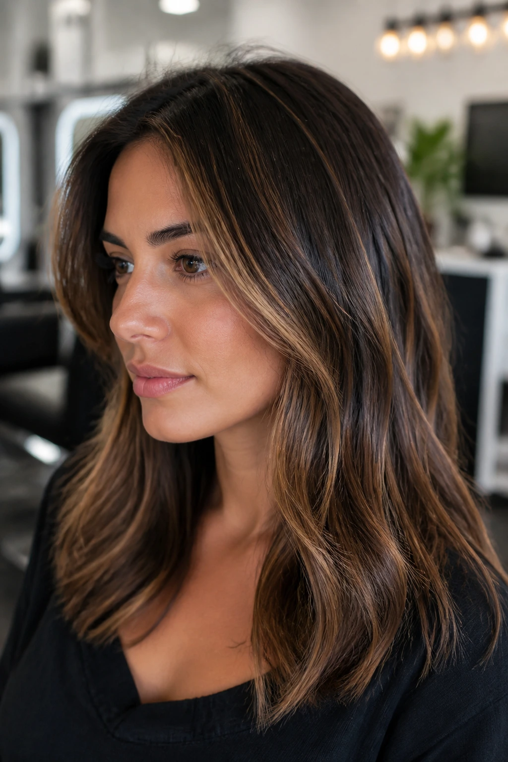 Close-up of a real woman with brunette hair and subtle caramel ribbons in daylight