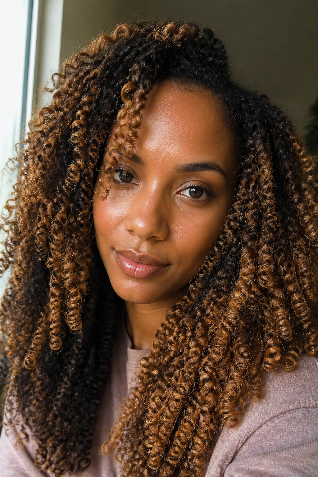 Close-up of a real woman with soft, glossy caramel highlights