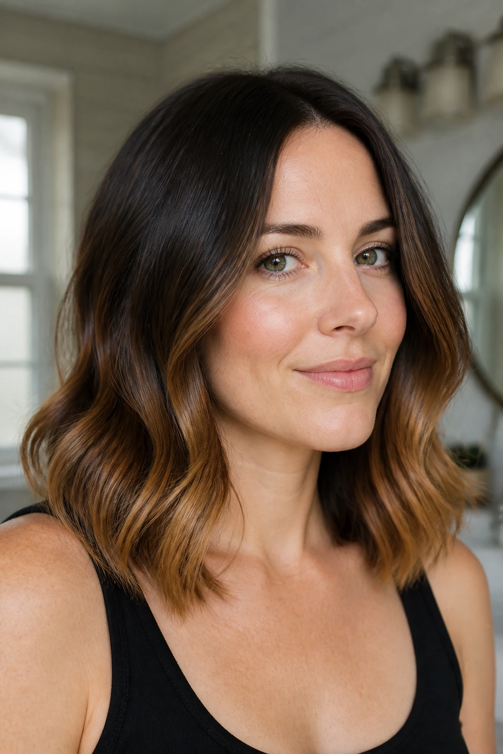 Close-up of soft caramel ends on wavy hair