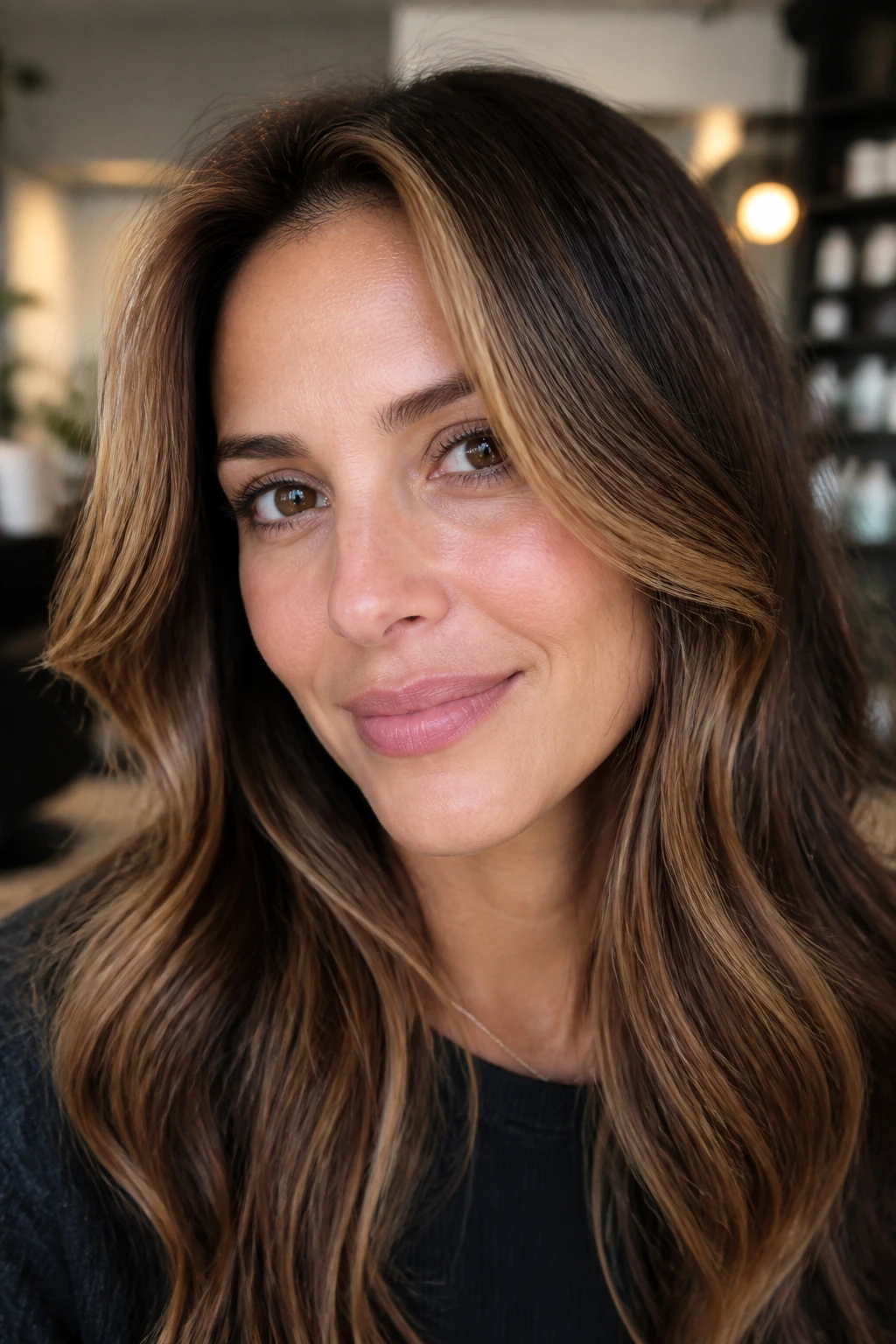 Brunette with soft caramel halo highlights around the face