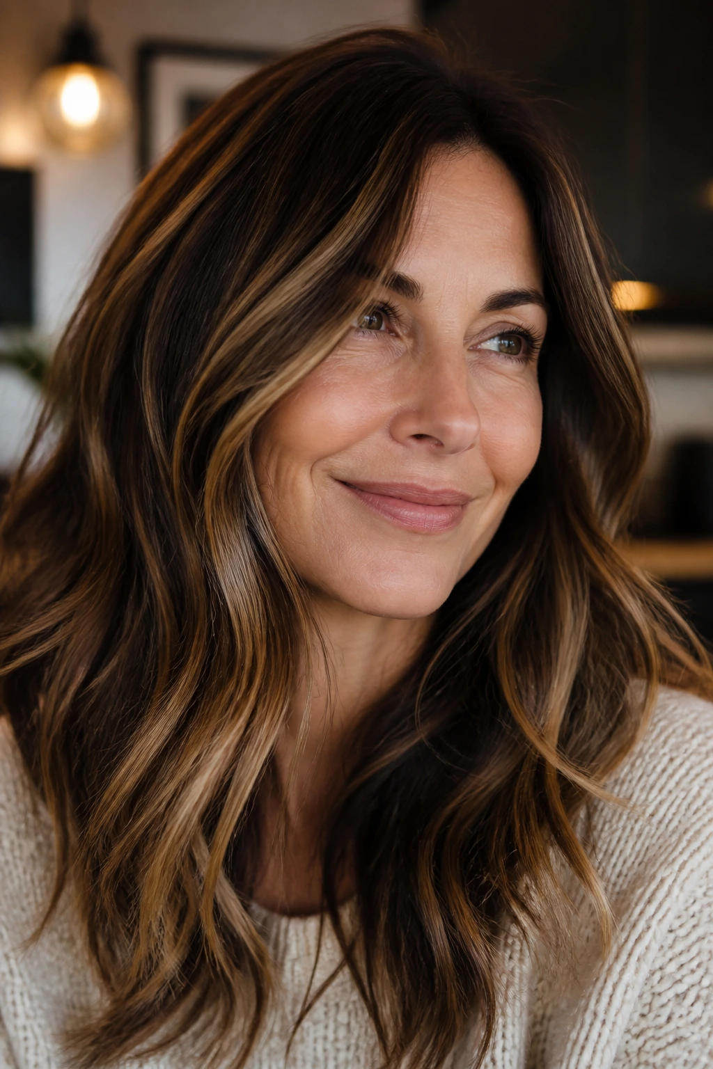 Dark-haired woman with subtle caramel-beige highlights in warm interior light