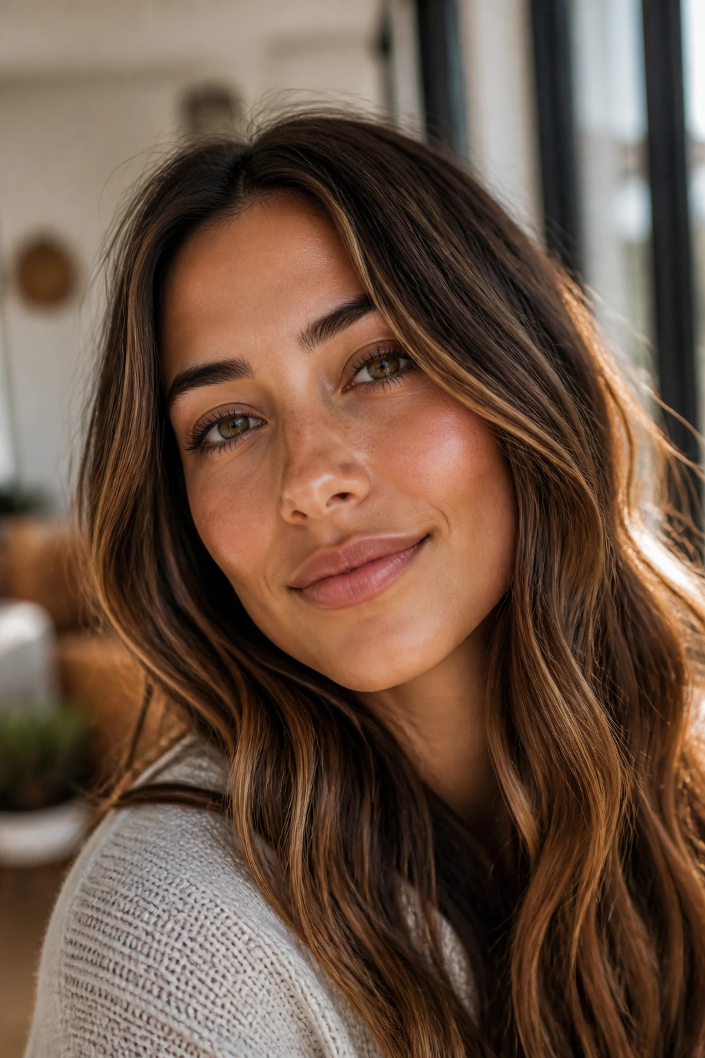 Close-up of olive-skinned person with soft caramel highlights framing the face.