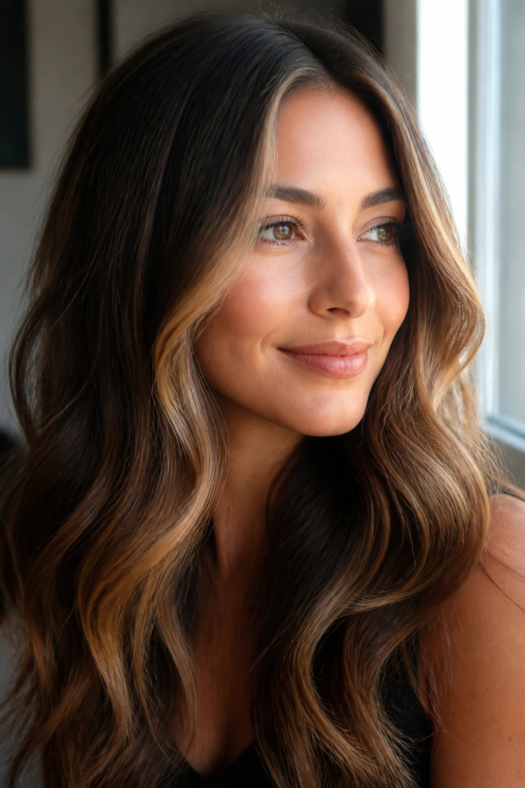 Close-up of a brunette with softly blended caramel highlights in window light