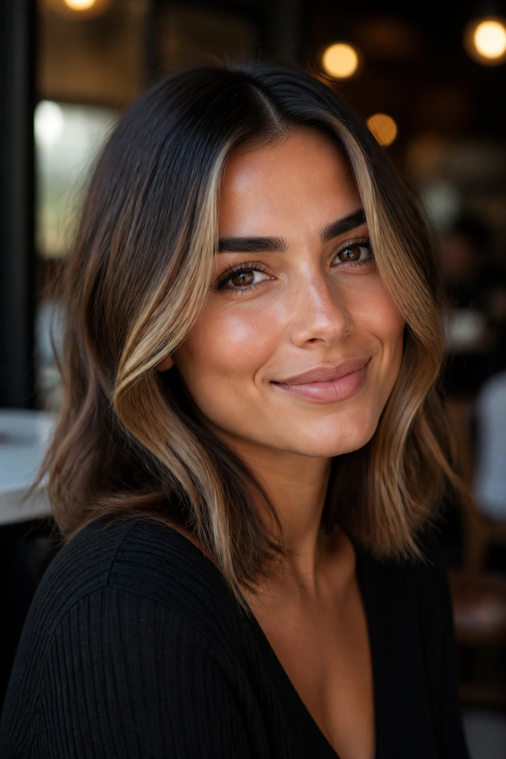 Portrait of olive skin with a soft caramel money piece framing the face