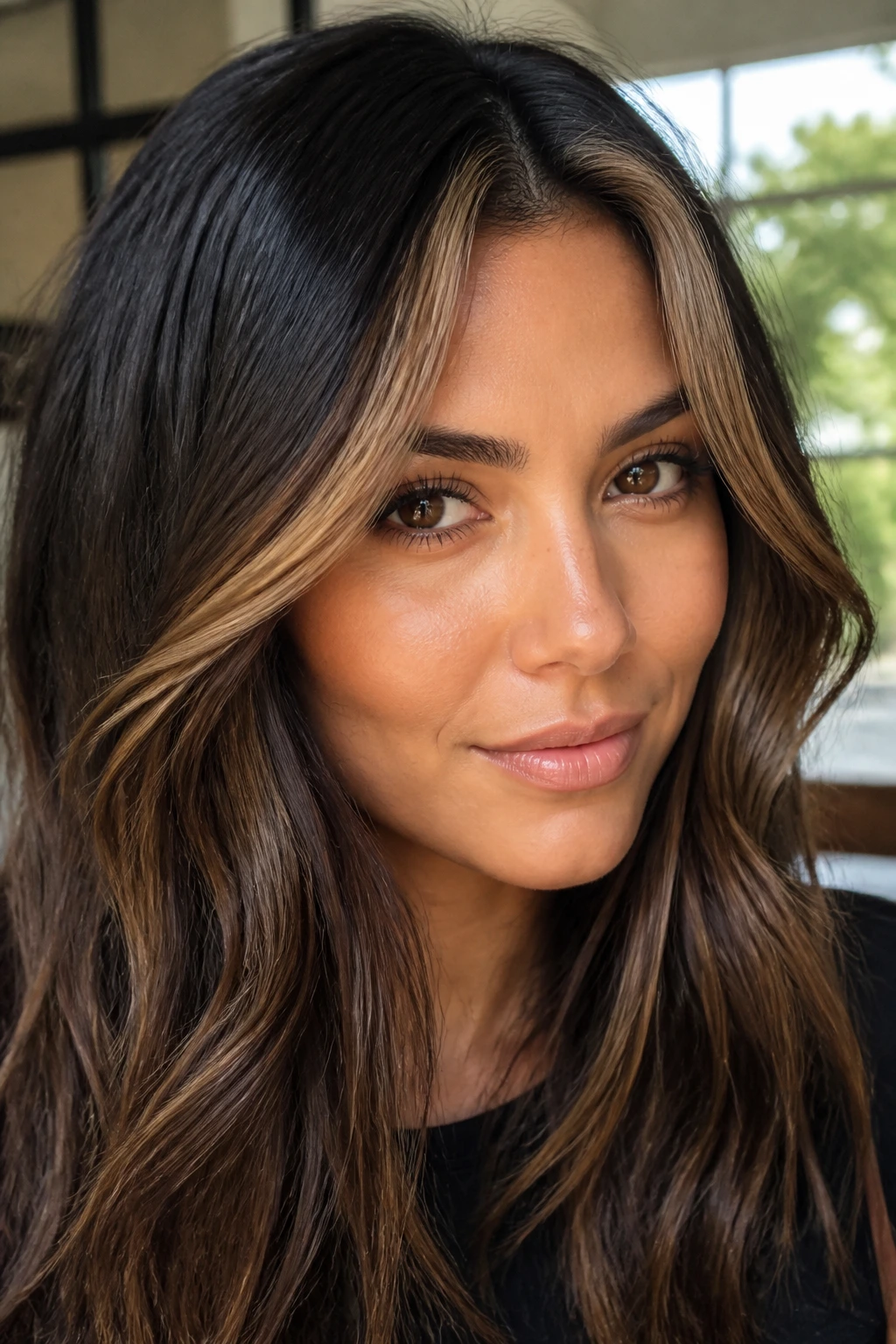 Brunette with soft caramel money piece at the front hairline