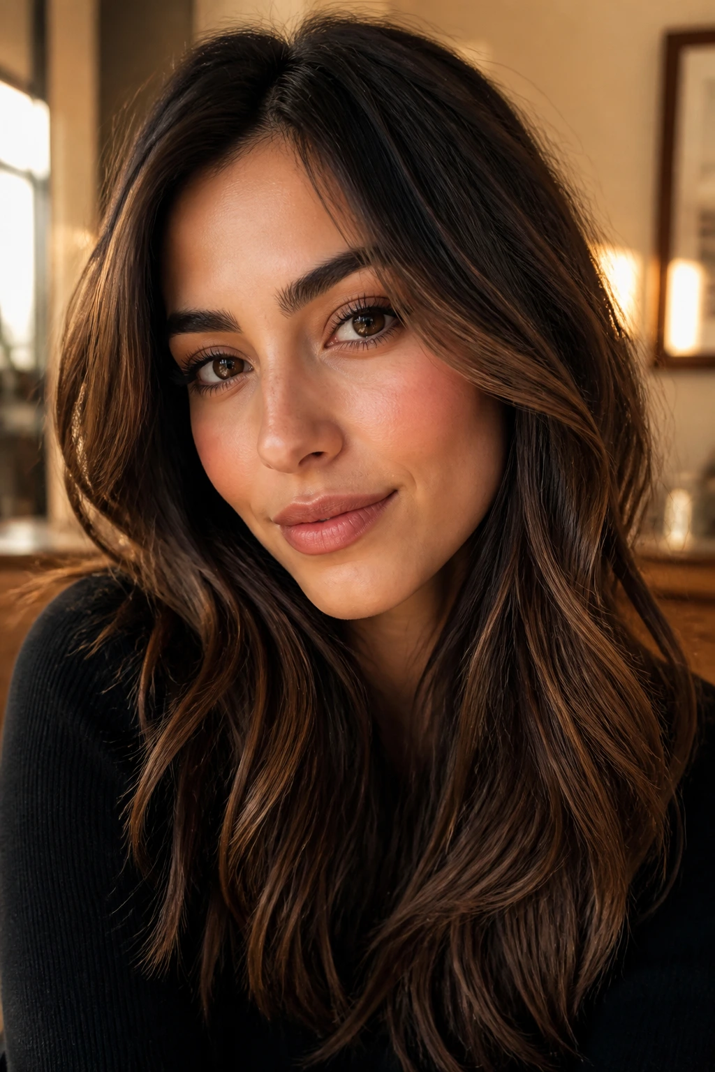 Close-up of a subtle caramel highlight on olive skin