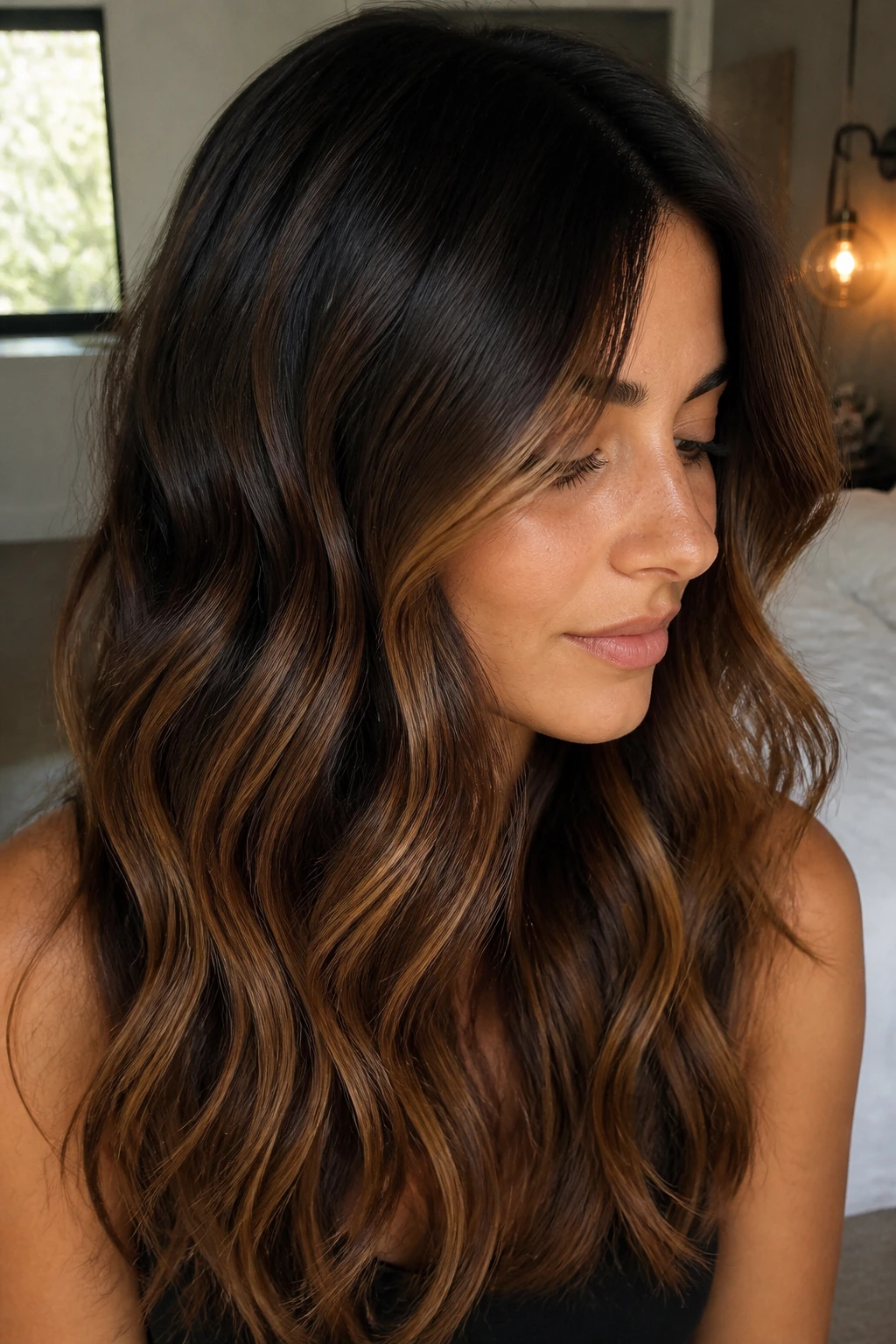 Close-up of a real woman with dark brown wavy hair showing a soft caramel ombre and subtle root smudge in warm window light